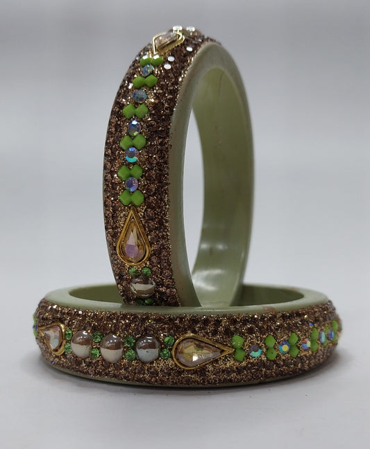 Beige Lakh Bangles with Green Pearl and Teardrop Stones | For Girls and Women.