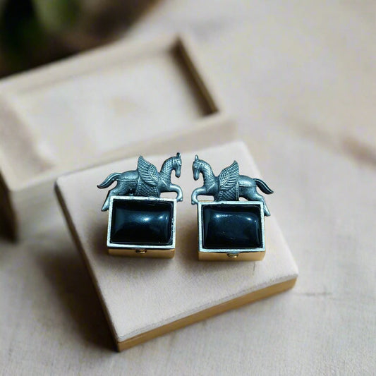 Blackstone Rectangular Earrings with Silver Boundary and Horse Charm | For Girls and Women