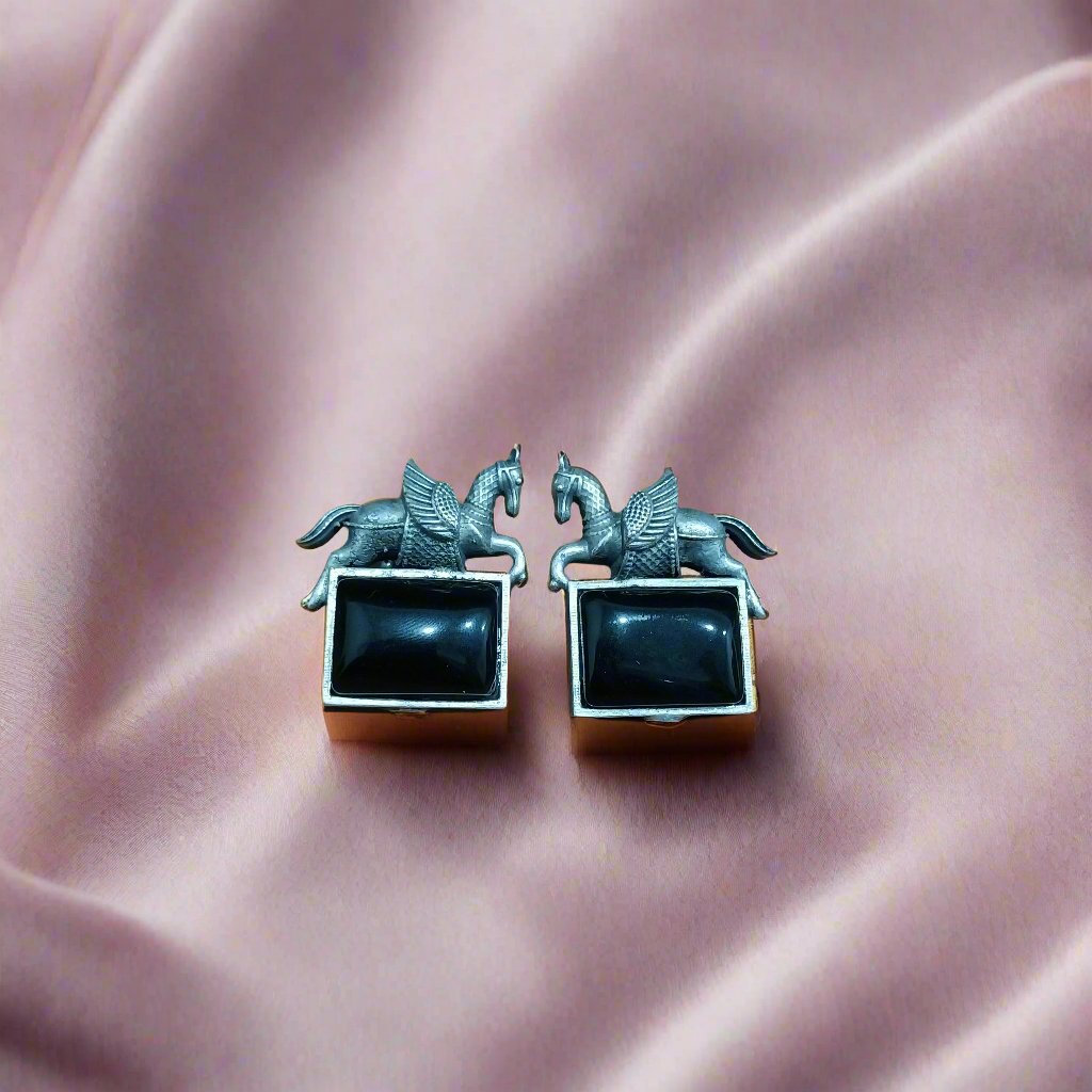 Blackstone Rectangular Earrings with Silver Boundary and Horse Charm | For Girls and Women