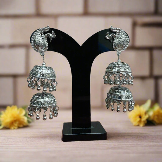 Peacock Top Three-Layered Dome Jhumka with Silver Danglings | For Girls and Women