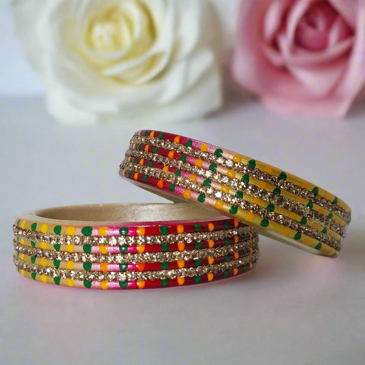 Ombre Tone Lakh Bangles with Green & Gold Dots Set of 2 Traditional Bangles | For Girls and Women"