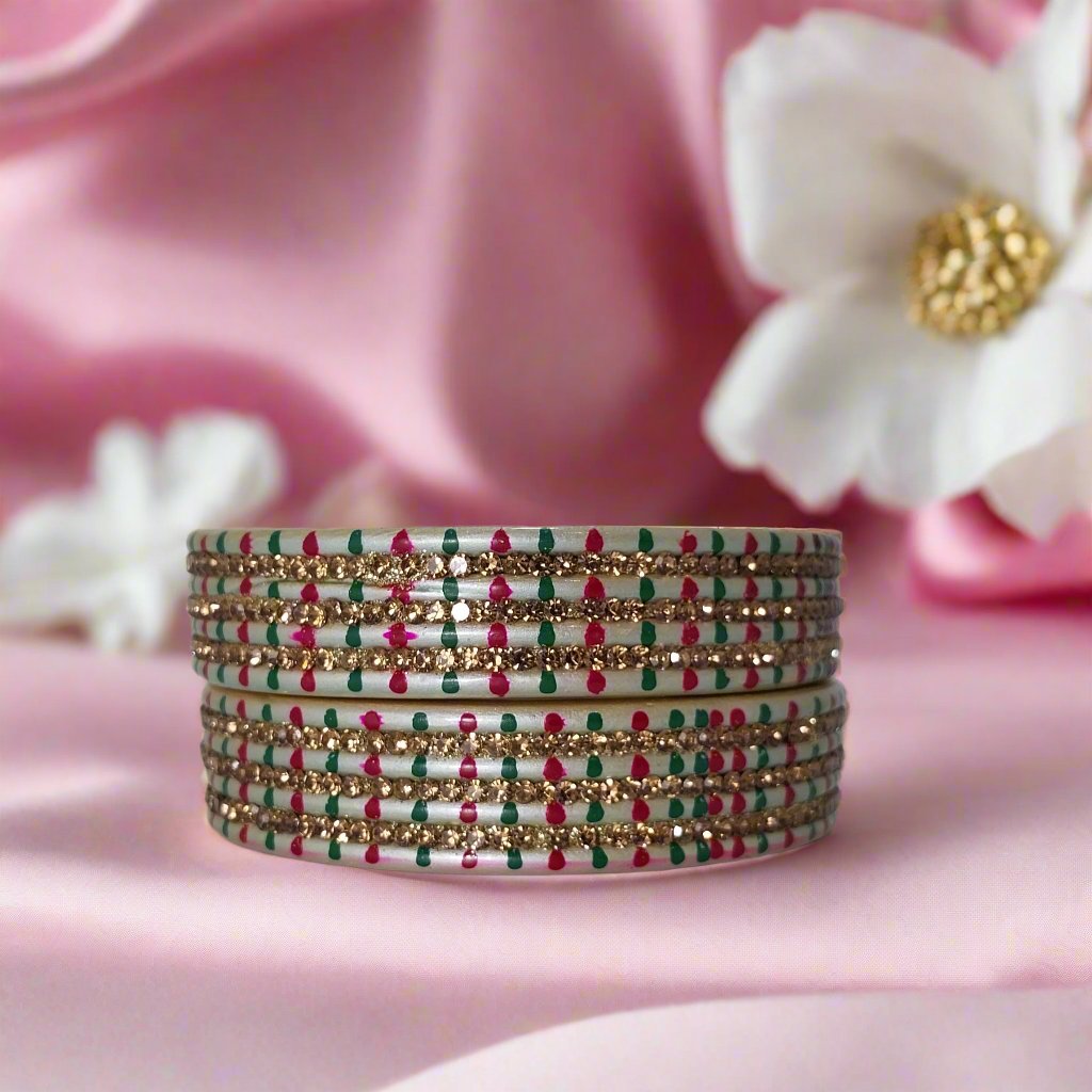 Silver KADA Set with Green Pink & Gold dots | Lakh Traditional Bangles | For Girls and Women