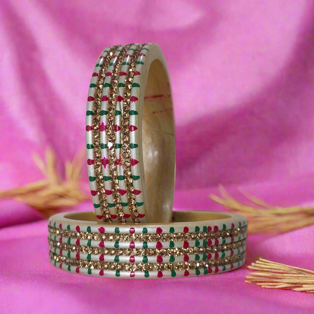 Silver KADA Set with Green Pink & Gold dots | Lakh Traditional Bangles | For Girls and Women