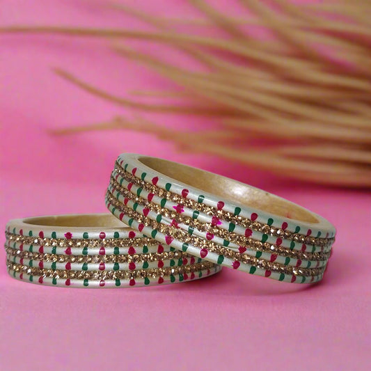 Silver KADA Set with Green Pink & Gold dots | Lakh Traditional Bangles | For Girls and Women