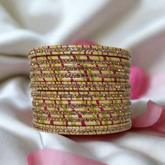 Pink & Green Lehariya Bangles Set with Cream Lakh Bangle Traditional Bangles | For Girls and Women