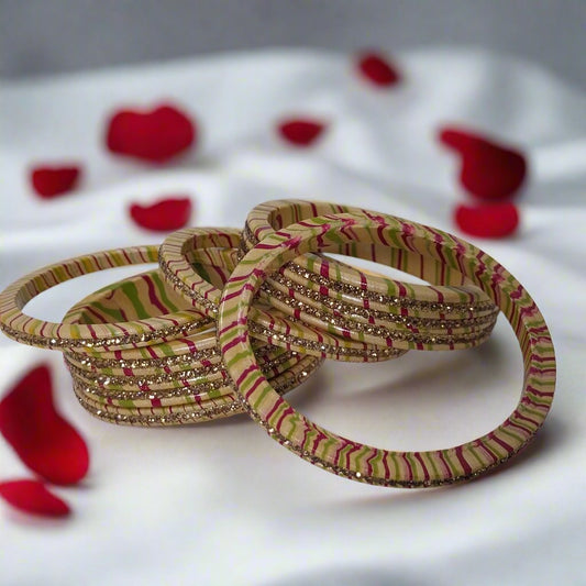 Pink & Green Lehariya Bangles Set with Cream Lakh Bangle Traditional Bangles | For Girls and Women