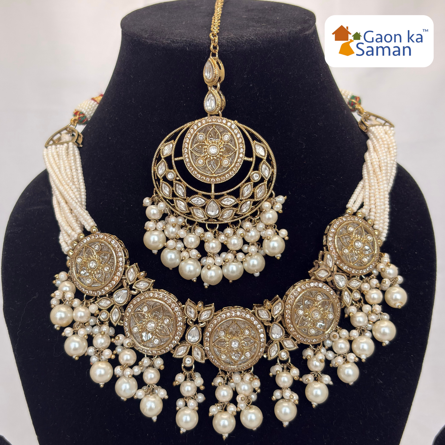 Stone Studded Brass Heavy Necklace Set With Earrings And Mangtika