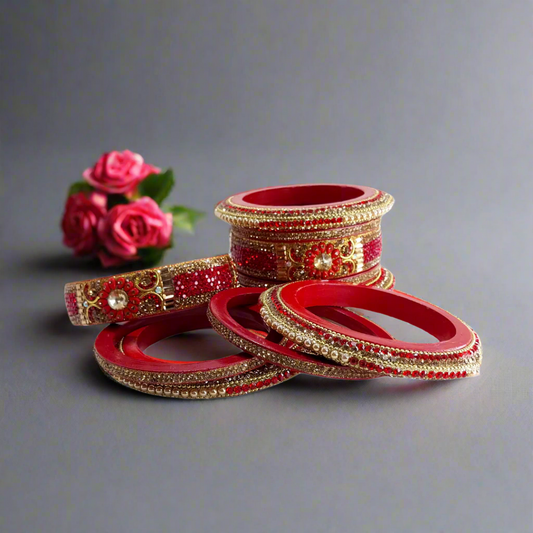 Red Lac Bangle Set with Round and Teardrop White Crystal Stones | Set of 10 | for Women and Girls