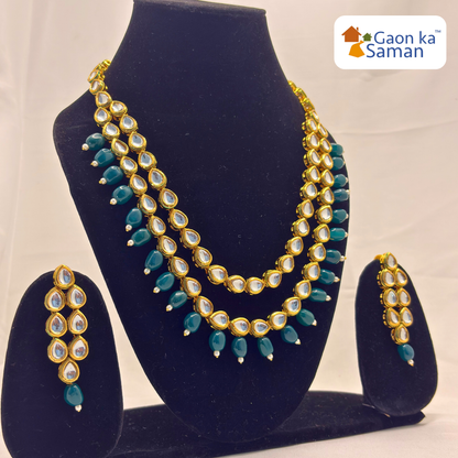 2 Line Layered Round Neck Beautiful Kundan Necklace Set