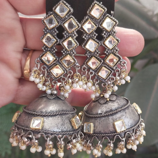 Golden Square Stone Jhumka with Oxidized Silver Traditional Handmade | for Golden Square Jhumka with Oxidized Base Women & Girls.