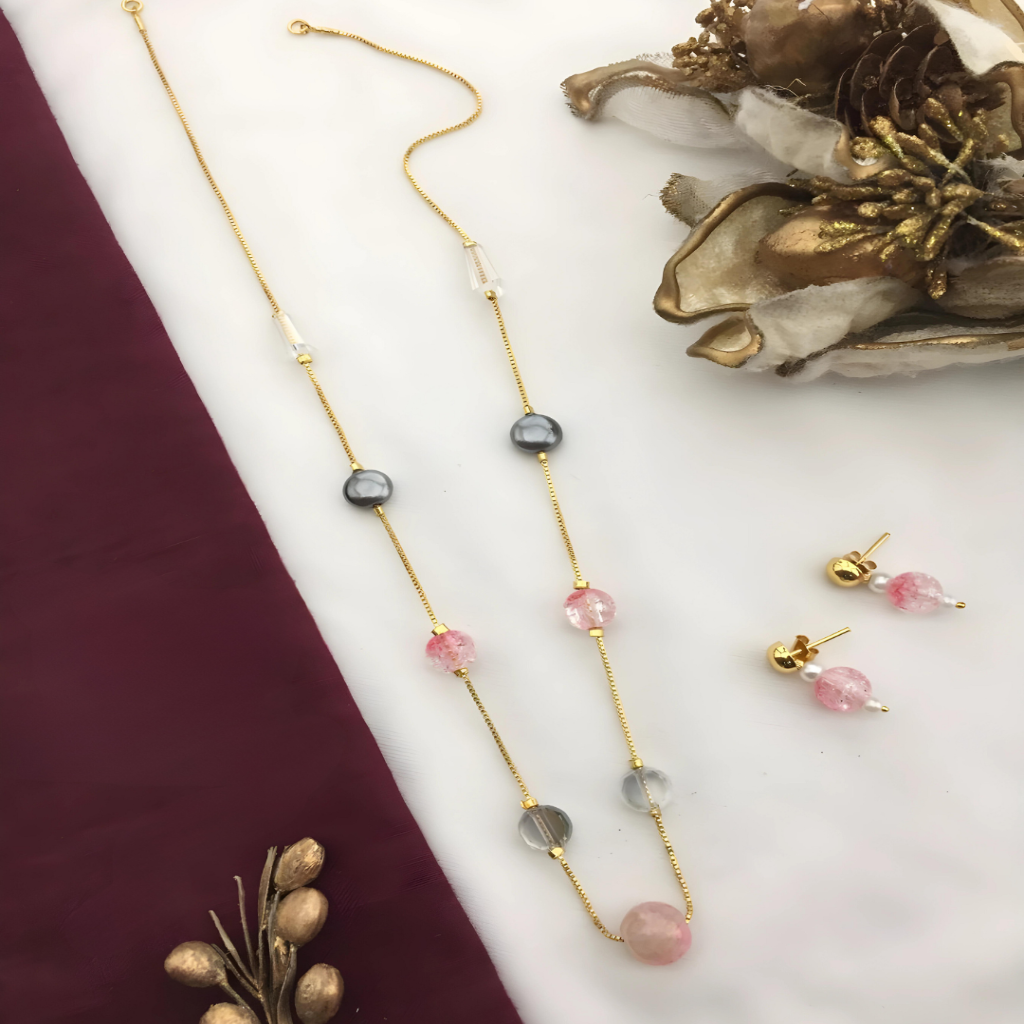 Pearl and Pink Stone Chain Set |Minimal Necklace | Chain | For Women and Girls