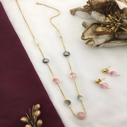 Pearl and Pink Stone Chain Set |Minimal Necklace | Chain | For Women and Girls