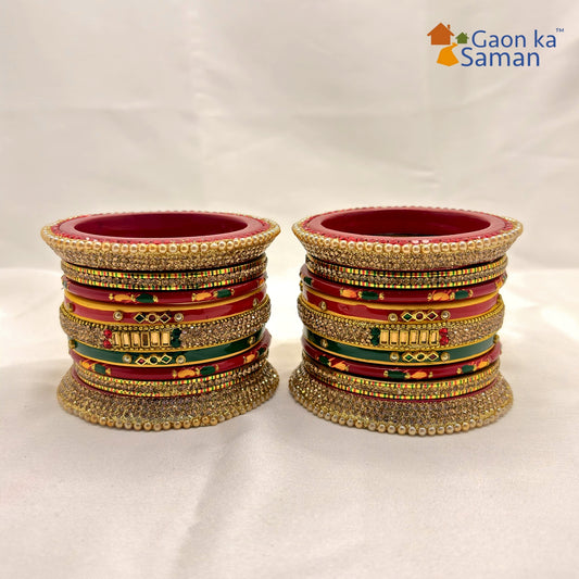 Red Yellow Green Multi Bridal Lakh Bangles Set of 14 | Traditional Rajasthani Bangles | For Women and Girls
