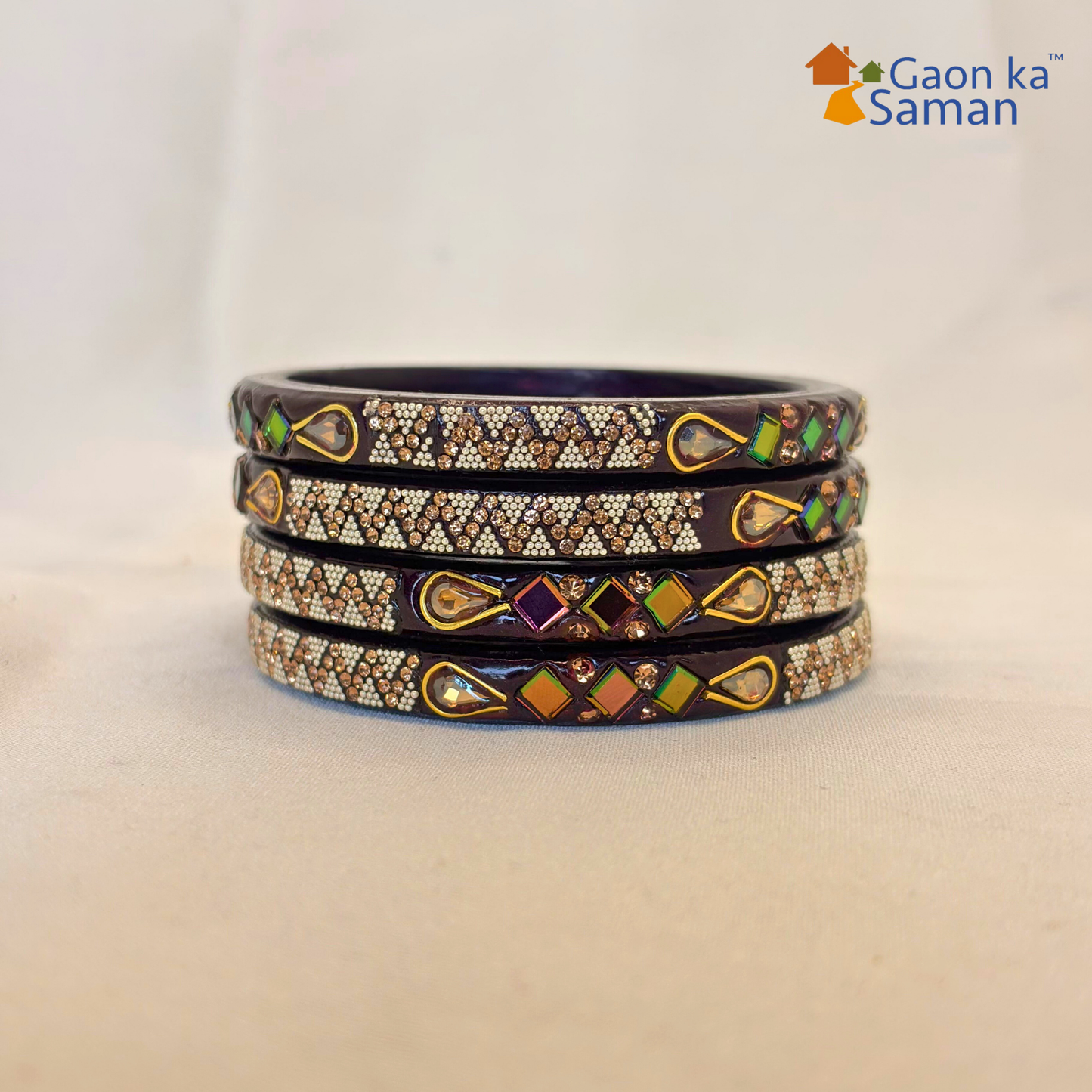 Lac Bangles with Beautiful Rhinestones Design (Pack of 4)