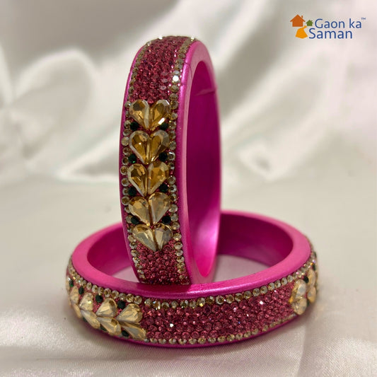 Pink Colour Kundan Topaz Fitted Kada Latest Design Rajasthani Bangles | Set of 2 lakh Bangles | Traditional Kada | For Women and Girls