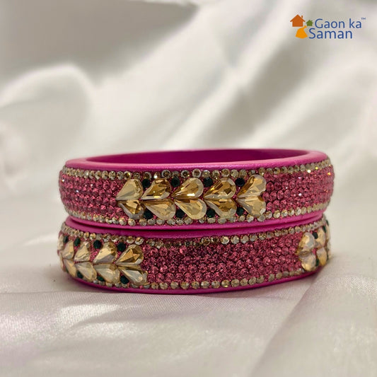 Pink Colour Kundan Topaz Fitted Kada Latest Design Rajasthani Bangles | Set of 2 lakh Bangles | Traditional Kada | For Women and Girls