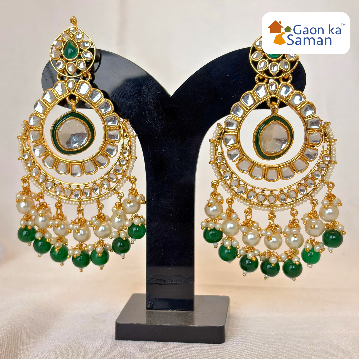 Beautiful Kundan Chand Bali Earrings Maroon colour & Green Colour