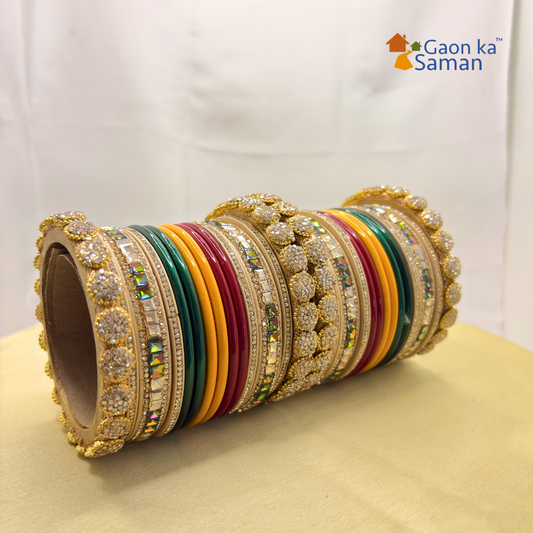 Rajasthani Rajwadi Bridal Lac Bangles Set With Beautiful Punjabi Look Design Red Green Yellow Colour (Pack of 28 )