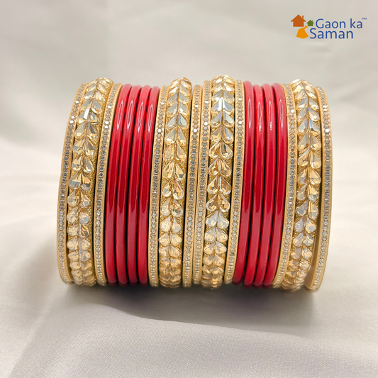 Karva Chauth Special Rajasthani Lac Bangles Set, Red and Cream Colour with Crystal Work, Traditional Lakh Chuda,20 Pieces