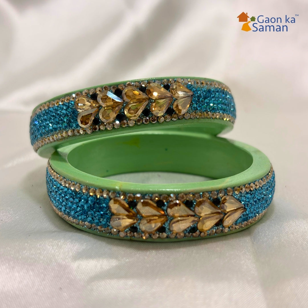 Sky Blue Colour Kundan Topaz Fitted Kada Latest Design Rajasthani Bangles | Set of 2 lakh Bangles | Traditional Kada | For Women and Girls