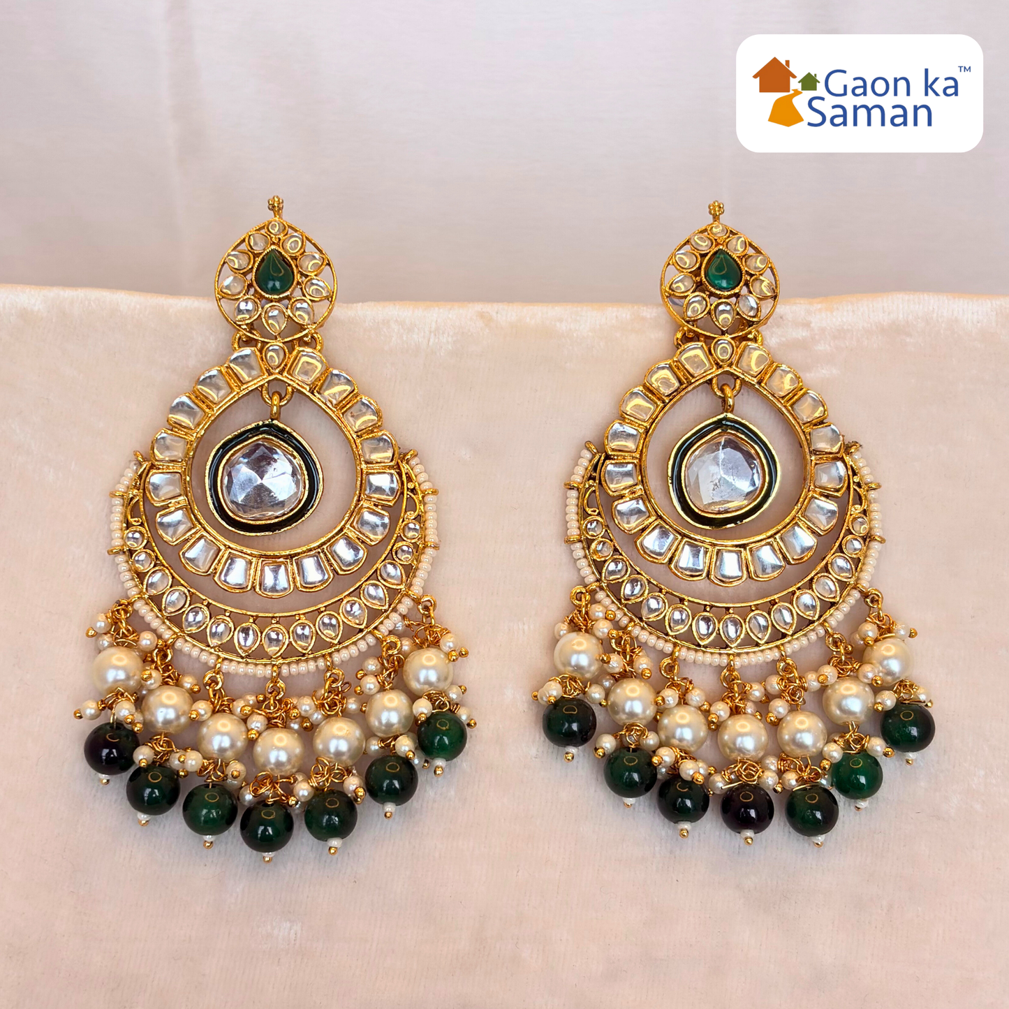 Beautiful Kundan Chand Bali Earrings Maroon colour & Green Colour