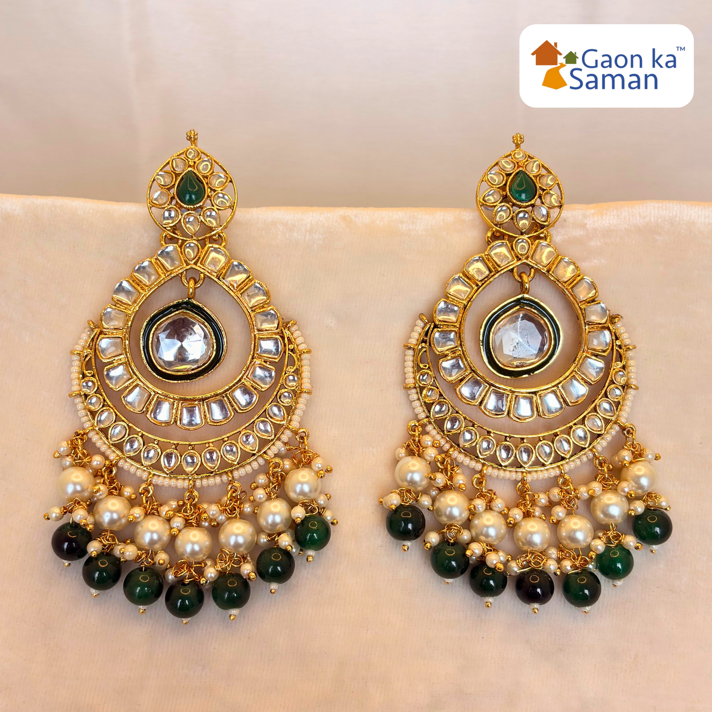 Beautiful Kundan Chand Bali Earrings Maroon colour & Green Colour