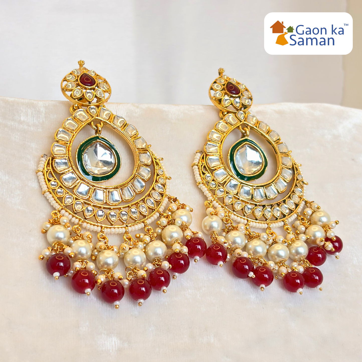 Beautiful Kundan Chand Bali Earrings Maroon colour & Green Colour