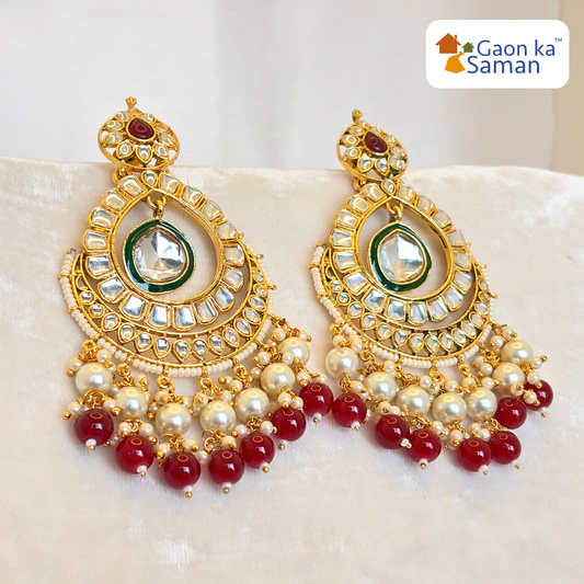 Beautiful Kundan Chand Bali Earrings Maroon colour & Green Colour