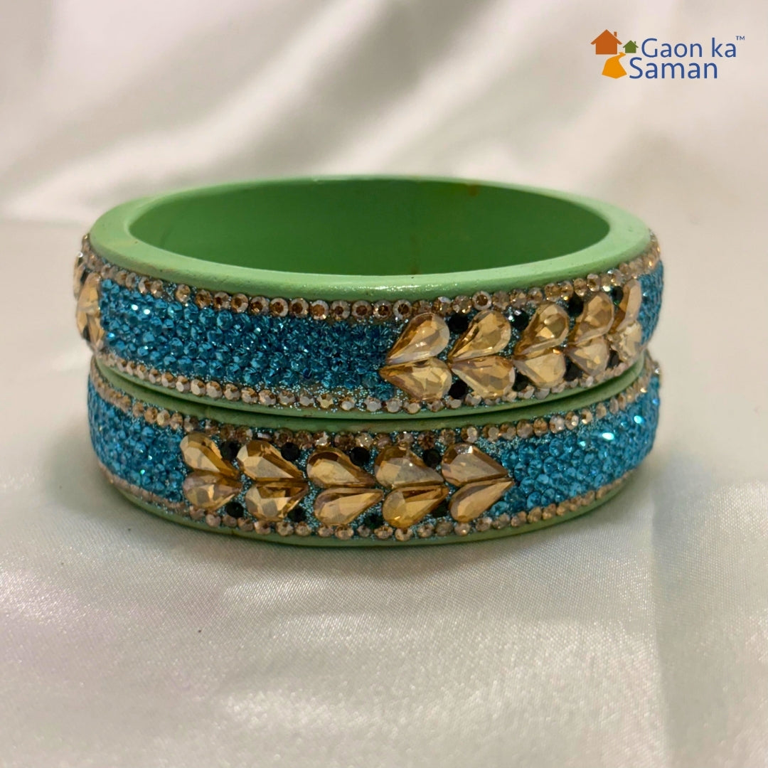 Sky Blue Colour Kundan Topaz Fitted Kada Latest Design Rajasthani Bangles | Set of 2 lakh Bangles | Traditional Kada | For Women and Girls