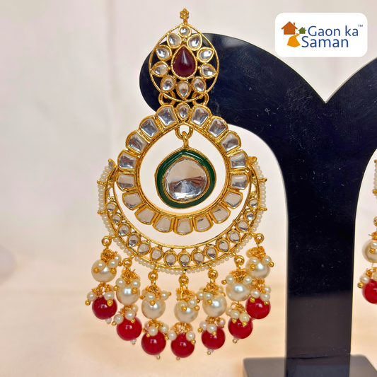 Beautiful Kundan Chand Bali Earrings Maroon colour & Green Colour