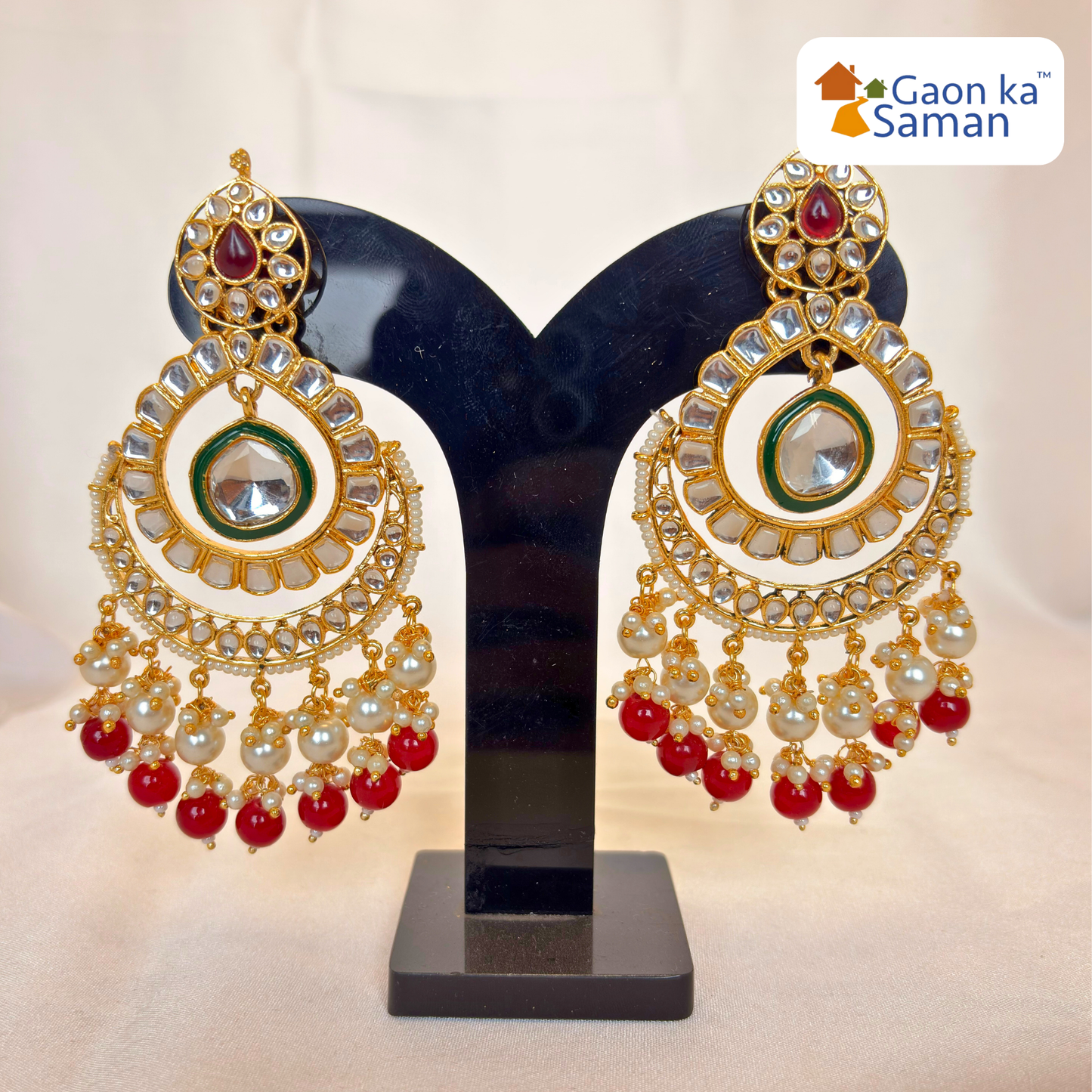 Beautiful Kundan Chand Bali Earrings Maroon colour & Green Colour