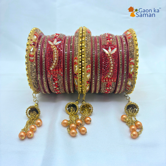 Rajasthani Lac Bangles Set, Red Colour with Crystal Work, Traditional Lakh Chuda, 14 Pieces