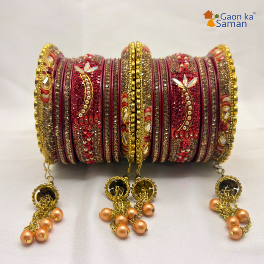 Rajasthani Lac Bangles Set, Red Colour with Crystal Work, Traditional Lakh Chuda, 14 Pieces