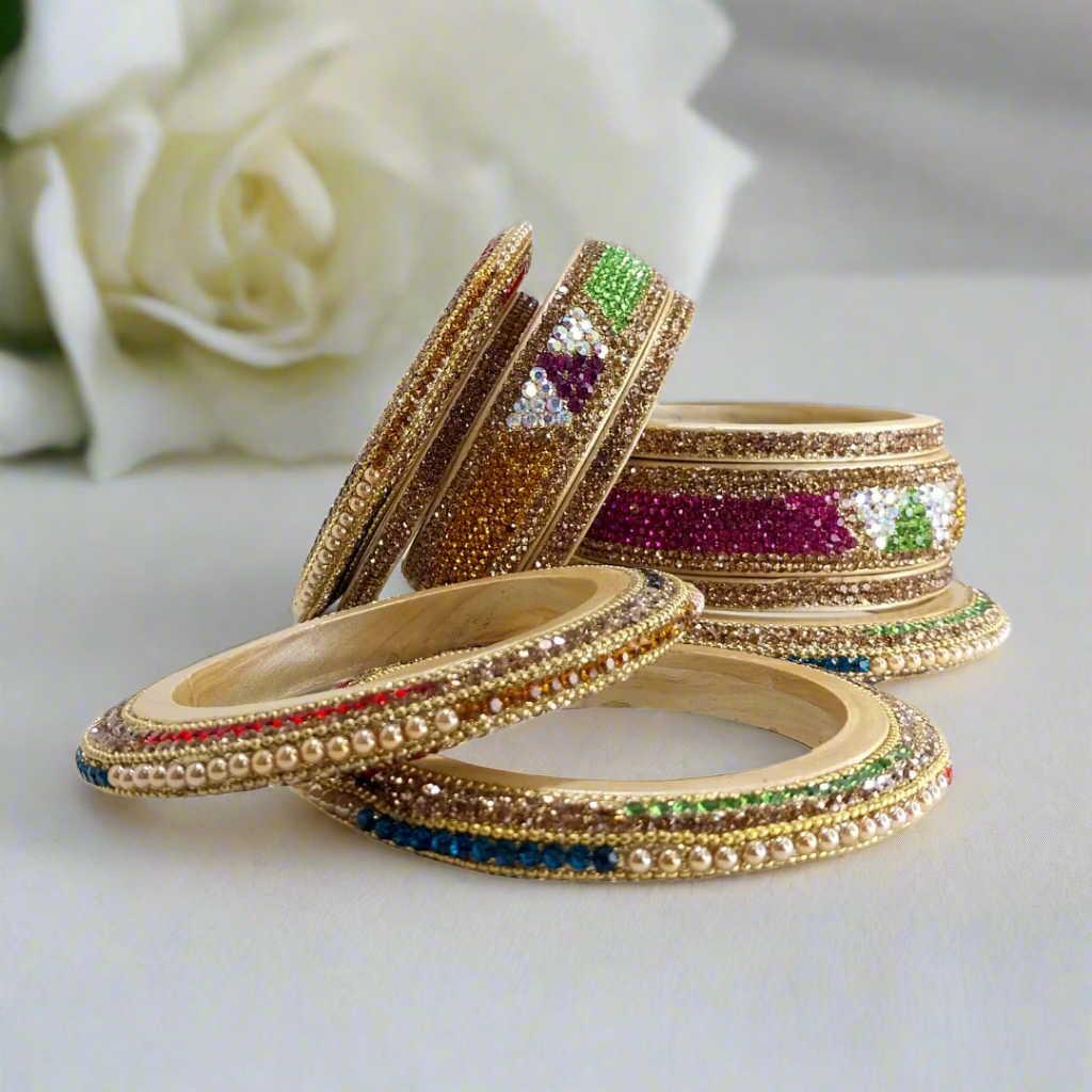 Beige Lac Bangle Set with Multicolor Zircon Stone Strips | Set of 10 | for Women and Girls