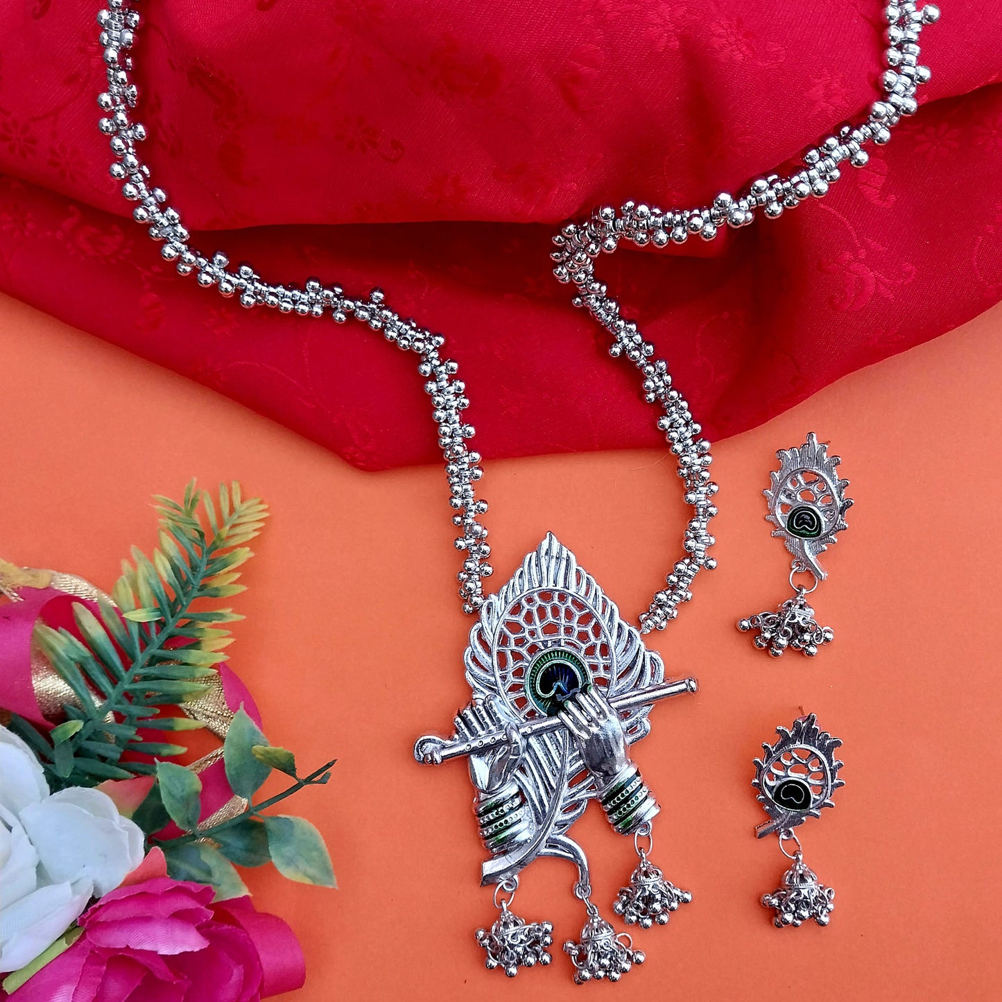 Krishna Flute & Peacock Feather Rani Haar Set,Necklace beaded Ethnic set