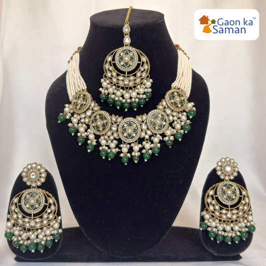 Stone Studded Brass Heavy Necklace Set With Earrings And Mangtika