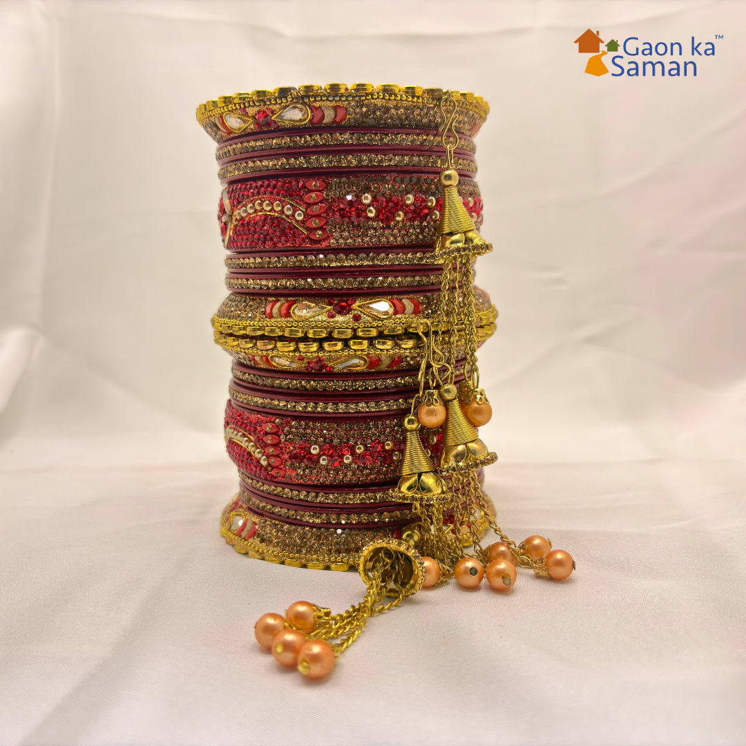 Rajasthani Lac Bangles Set, Red Colour with Crystal Work, Traditional Lakh Chuda, 14 Pieces