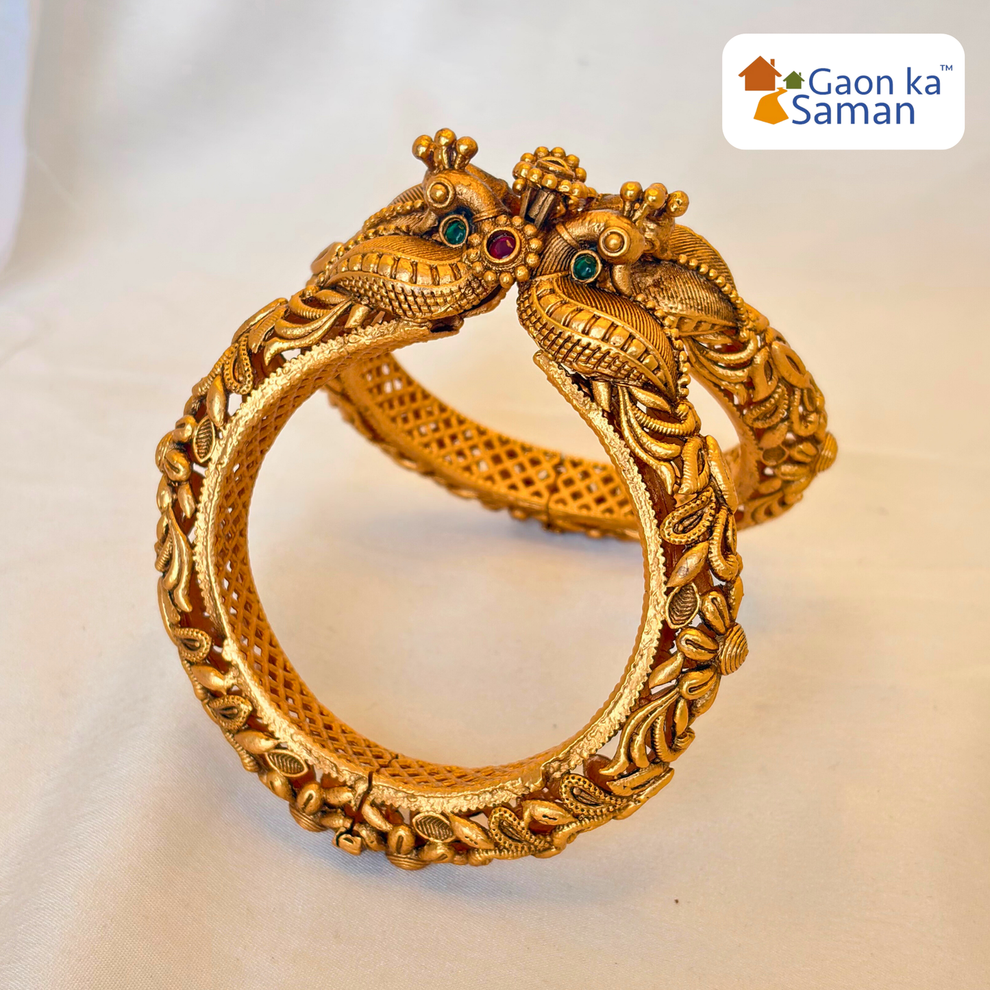 Gold Plated Stones Carved Peacock Floral Openable Bangles (set of 2)
