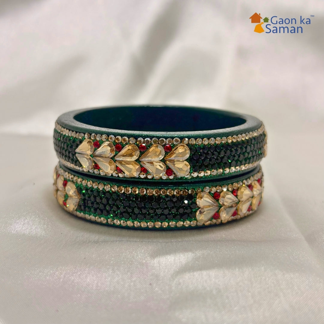 Green Kundan Topaz Fitted Kada Latest Design Rajasthani Bangles | Set of 2 lakh Bangles | Traditional Kada | For Women and Girls