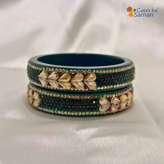 Green Kundan Topaz Fitted Kada Latest Design Rajasthani Bangles | Set of 2 lakh Bangles | Traditional Kada | For Women and Girls