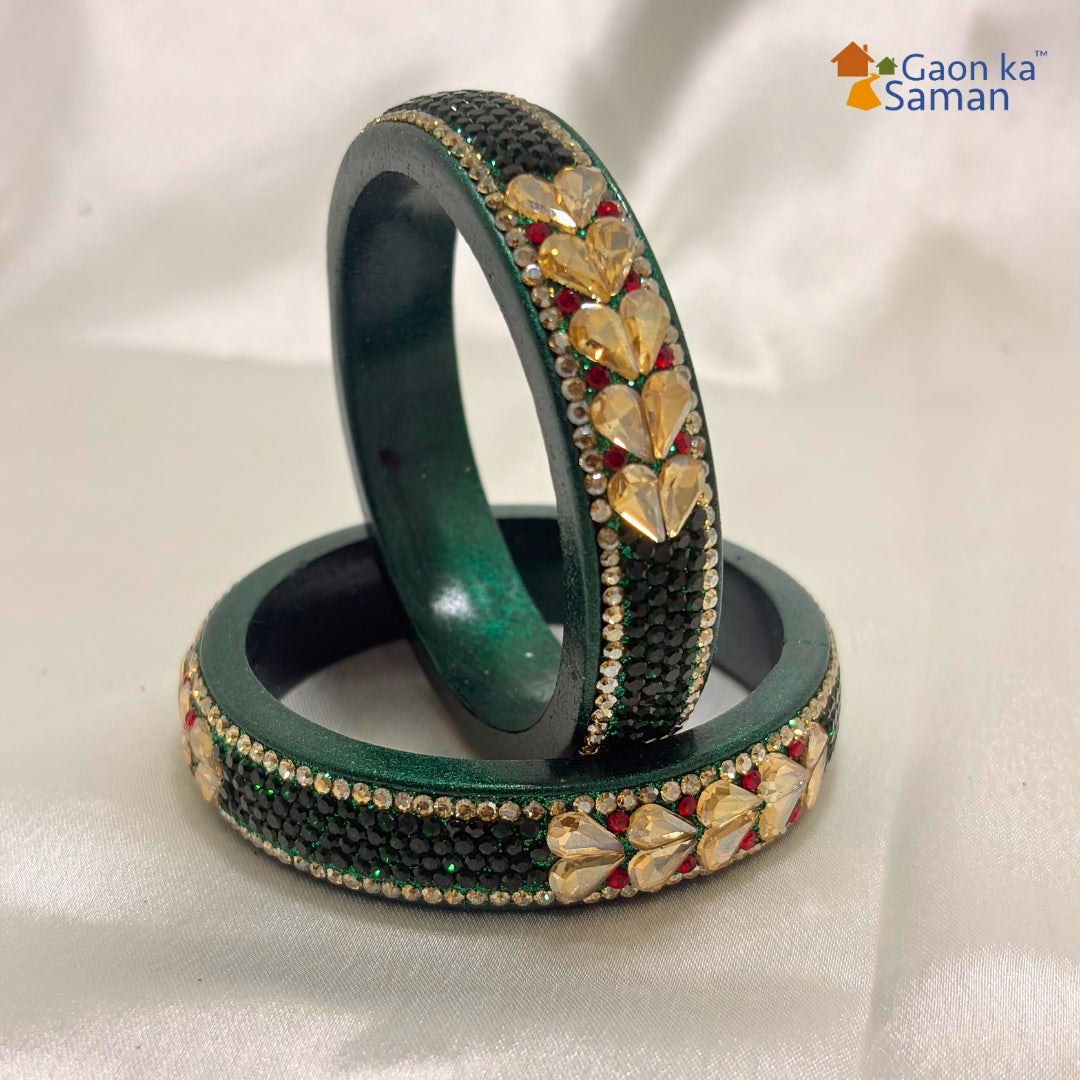 Green Kundan Topaz Fitted Kada Latest Design Rajasthani Bangles | Set of 2 lakh Bangles | Traditional Kada | For Women and Girls