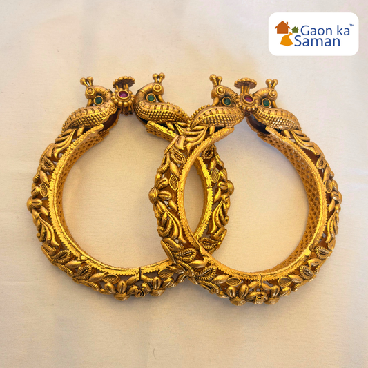 Gold Plated Stones Carved Peacock Floral Openable Bangles (set of 2)