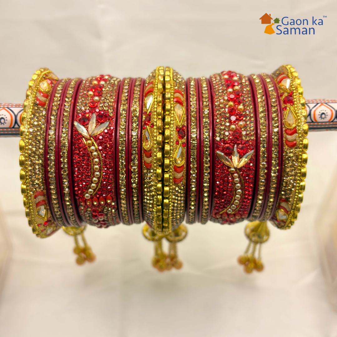 Rajasthani Lac Bangles Set, Red Colour with Crystal Work, Traditional Lakh Chuda, 14 Pieces