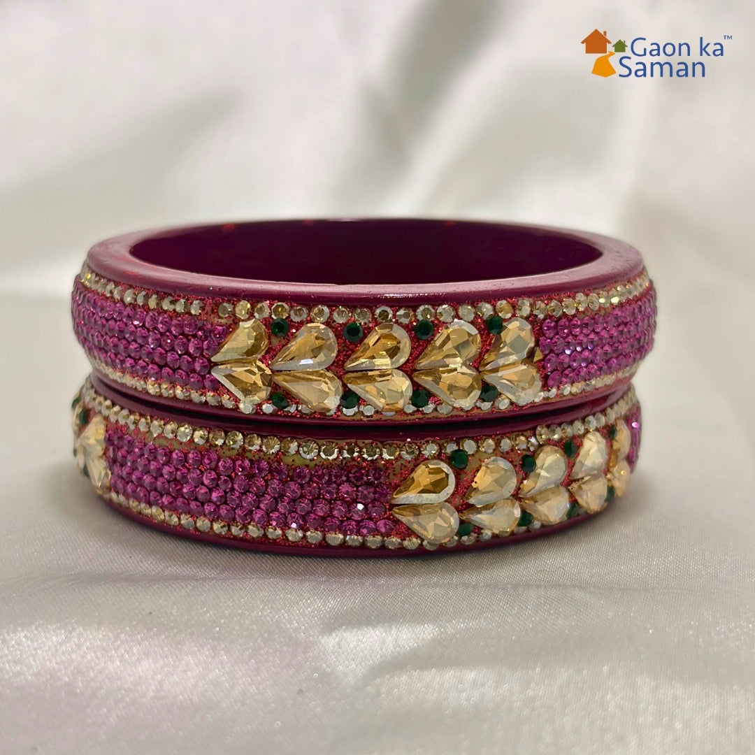 Rani Colour Kundan Topaz Fitted Kada Latest Design Rajasthani Bangles | Set of 2 lakh Bangles | Traditional Kada | For Women and Girls