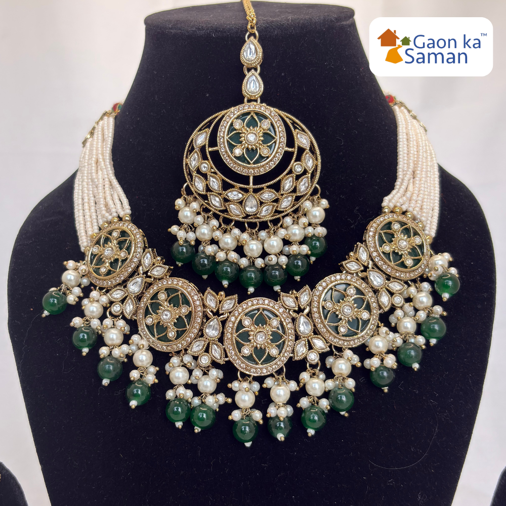 Stone Studded Brass Heavy Necklace Set With Earrings And Mangtika