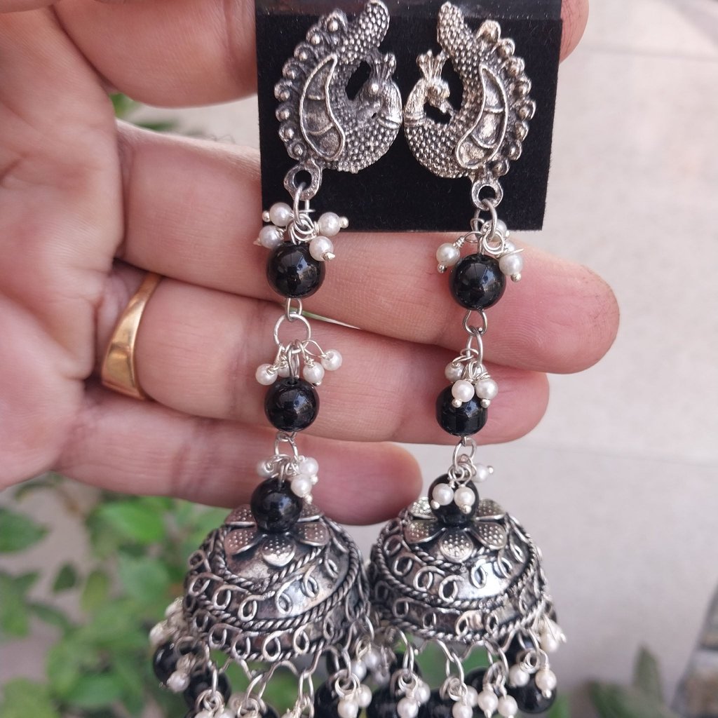 Peacock Black Pearl Stone Jhumka, Oxidized Silver,Traditional Handmade 