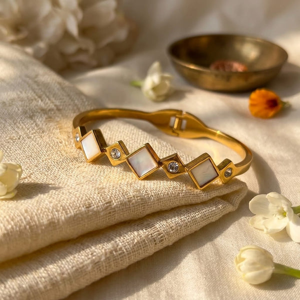 Gold Plated Artificial Stones Studded Anti-Tarnish Enamelled Cuff Bracelet