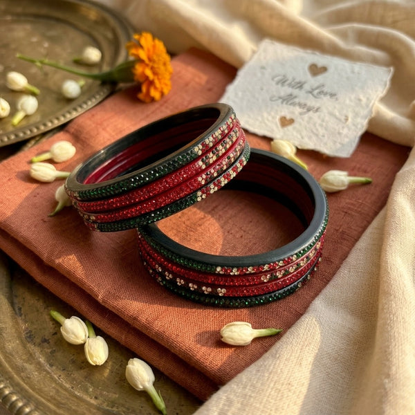Karva Chauth Special Rajasthani Lac Bangles Set, Red and Green Colour with Crystal Work, Traditional Lakh Chuda, 8 Pieces