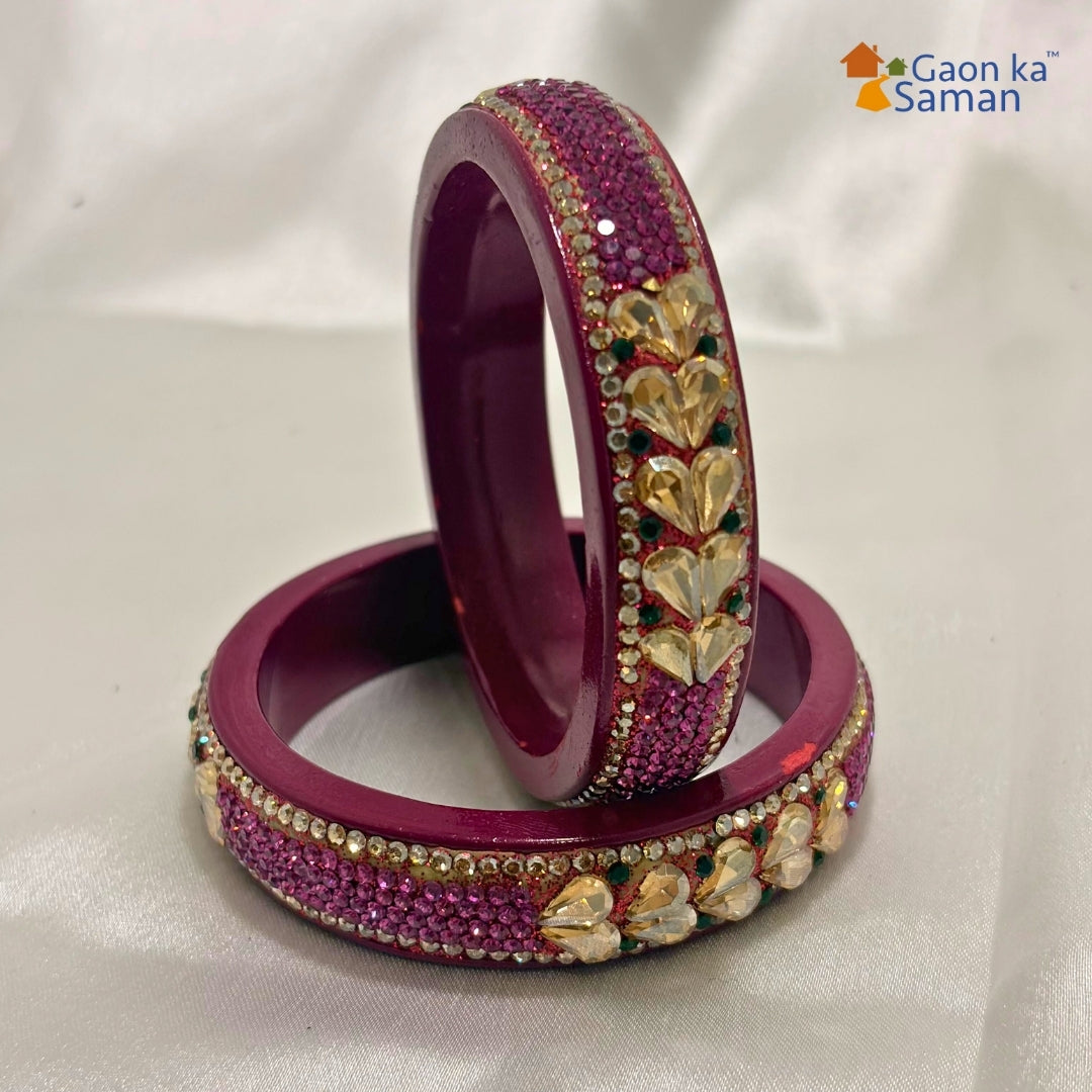Rani Colour Kundan Topaz Fitted Kada Latest Design Rajasthani Bangles | Set of 2 lakh Bangles | Traditional Kada | For Women and Girls