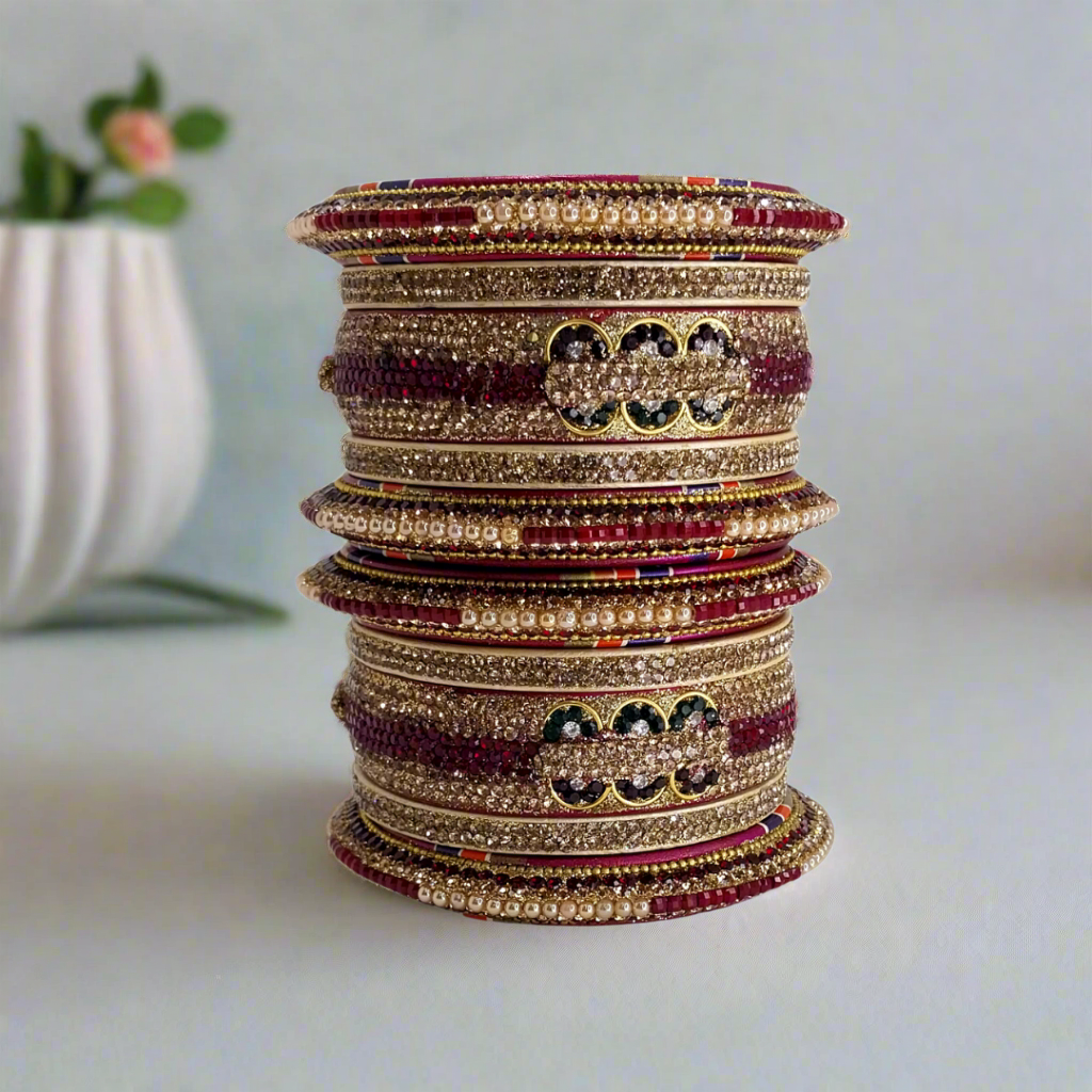 Magenta Lac Bangle Set with Tricolour Strips and Oval Golden and maroon stones  | Set of 10 | Zircon Stones with White Pearls | for Women and Girls